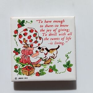 Vintage 1981 Jasco Trivet Strawberry Girl Dog 4.25" Ceramic Tile Joy of Giving